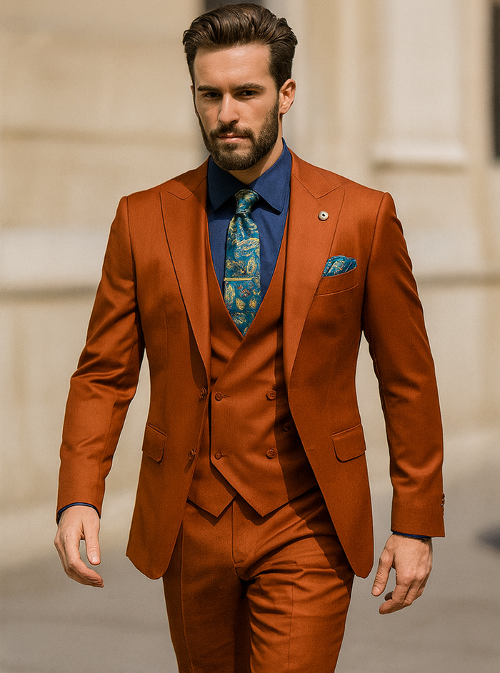 Rust - Copper - Brick Orangish Formal Suit – Mens 3-Piece Set Peak Lapel Modern Fit