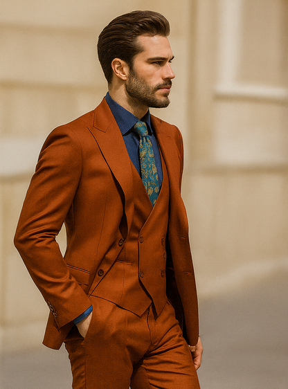 Bold Orange Formal Suit  Mens 3-Piece Set with Vest & Tie
