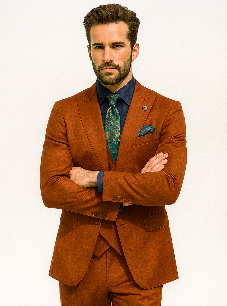 Bold Orange Formal Suit  Mens 3-Piece Set with Vest & Tie