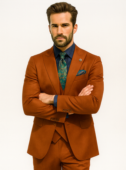 Bold Orange Formal Suit  Mens 3-Piece Set with Vest & Tie