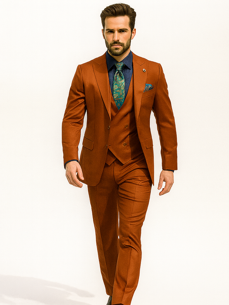 Bold Orange Formal Suit  Mens 3-Piece Set with Vest & Tie