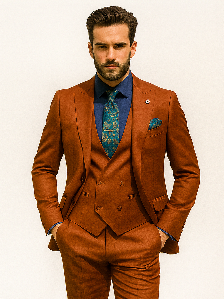 Bold Orange Formal Suit  Mens 3-Piece Set with Vest & Tie