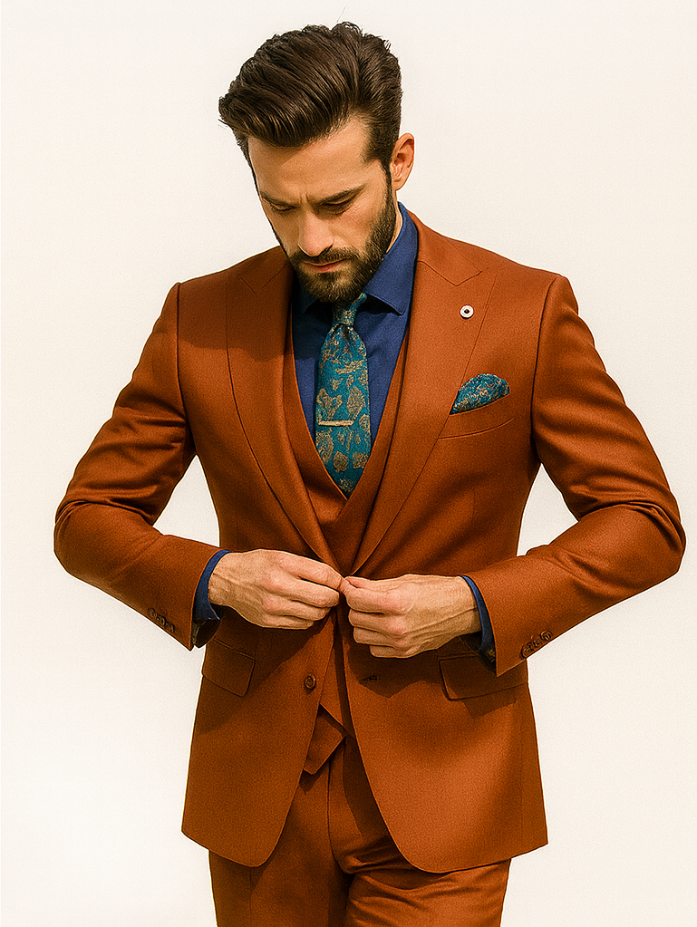 Bold Orange Formal Suit  Mens 3-Piece Set with Vest & Tie