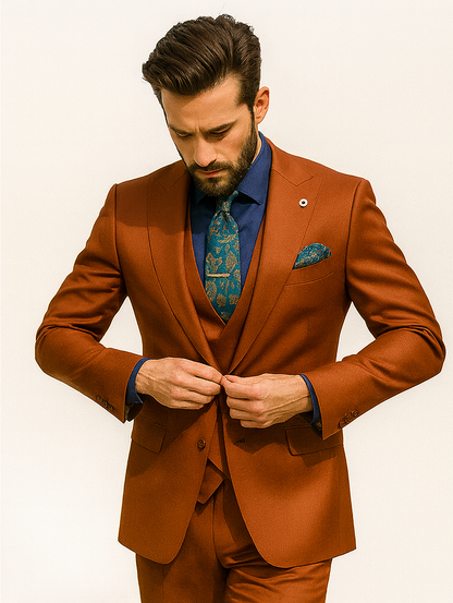 Bold Orange Formal Suit  Mens 3-Piece Set with Vest & Tie