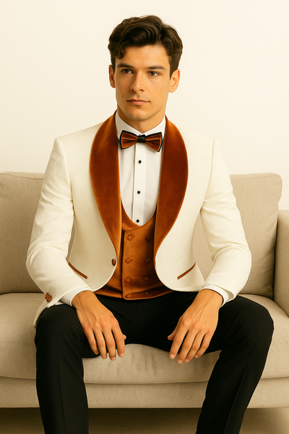 Mens Groom Wedding Shawl Collar - Paisley Burnt Orange Velvet 4pc Suit W/ Matching Bowtie