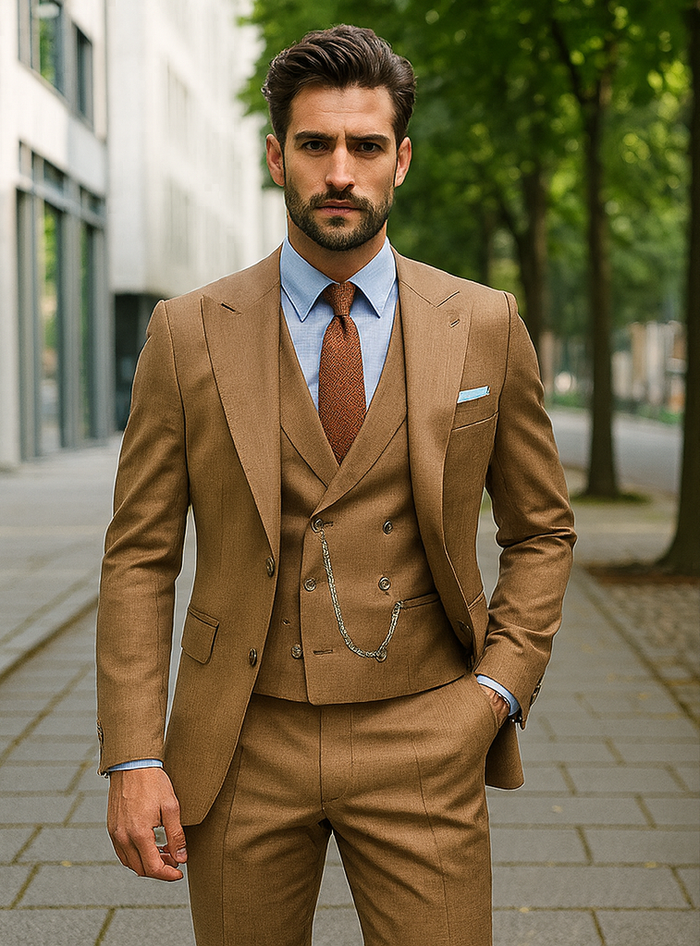 Stylish Camel Brown Three-Piece Suit  Modern Groom Attire