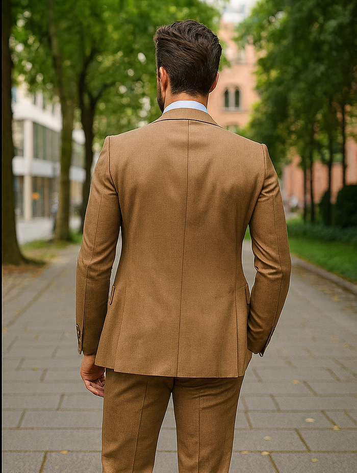 Stylish Camel Brown Three-Piece Suit  Modern Groom Attire
