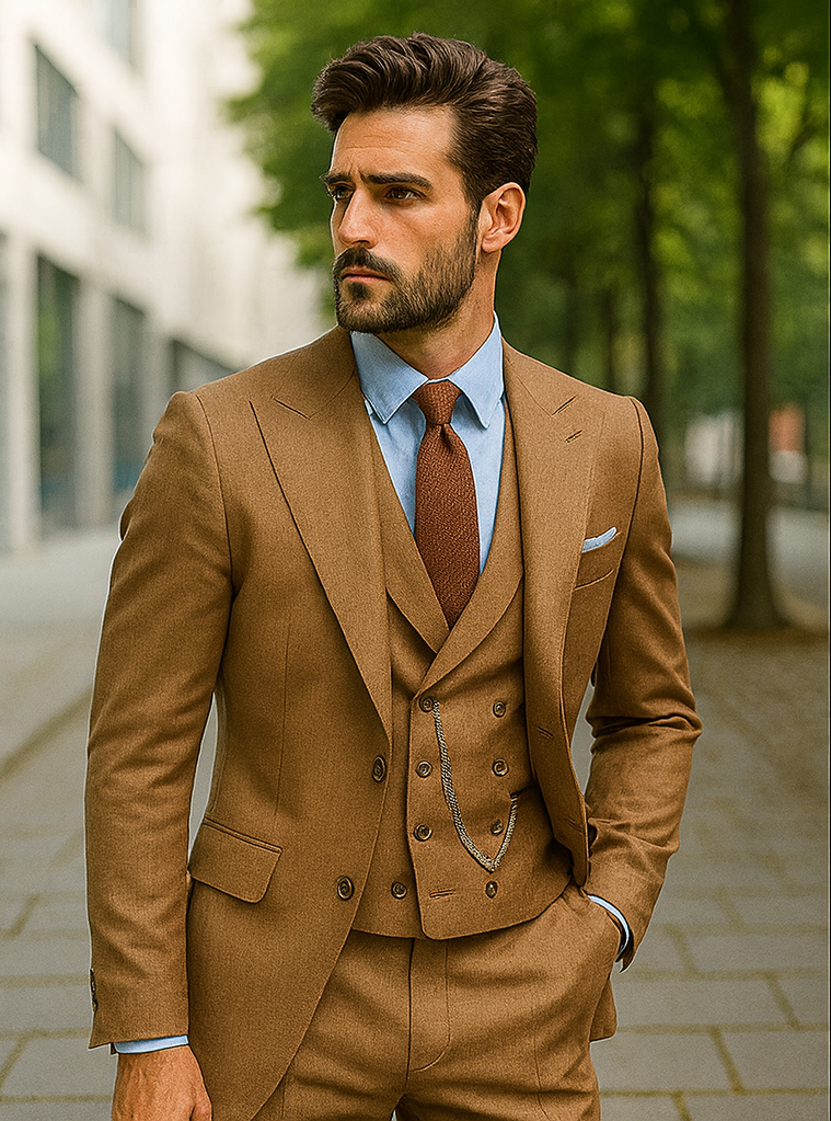 Stylish Camel Brown Three-Piece Suit – Modern Groom Attire