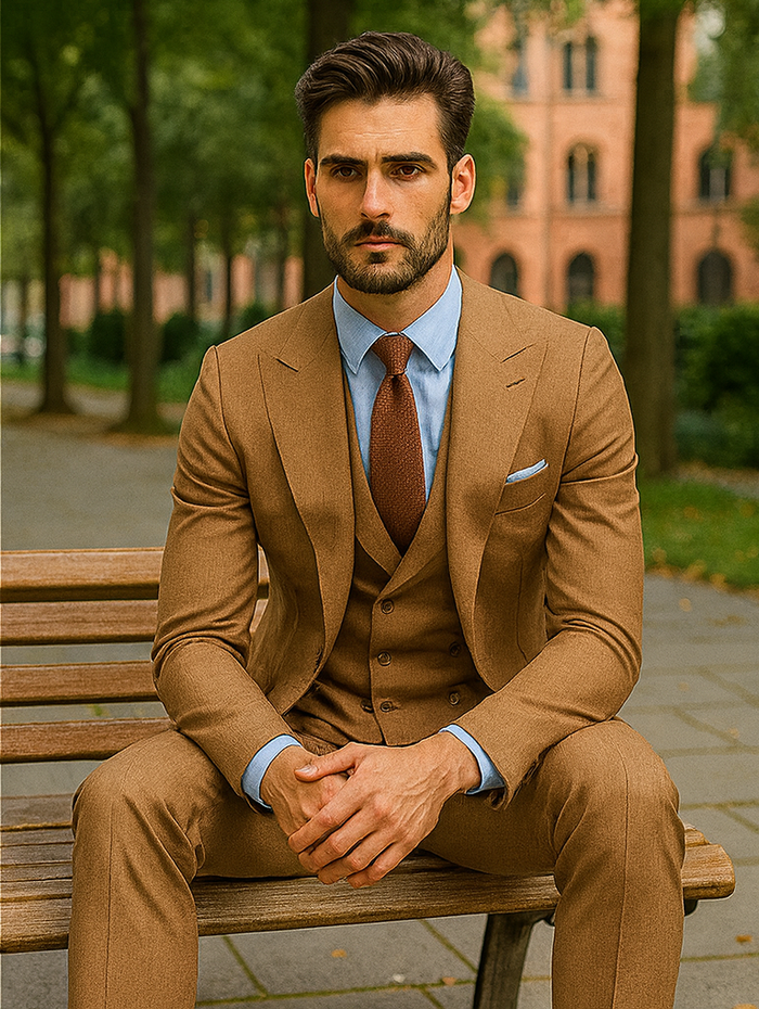 Stylish Camel Brown Three-Piece Suit  Modern Groom Attire