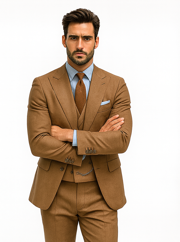 Stylish Camel Brown Three-Piece Suit – Modern Groom Attire