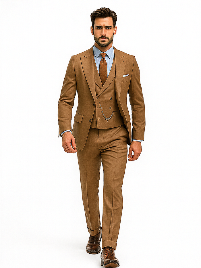 Stylish Camel Brown Three-Piece Suit  Modern Groom Attire