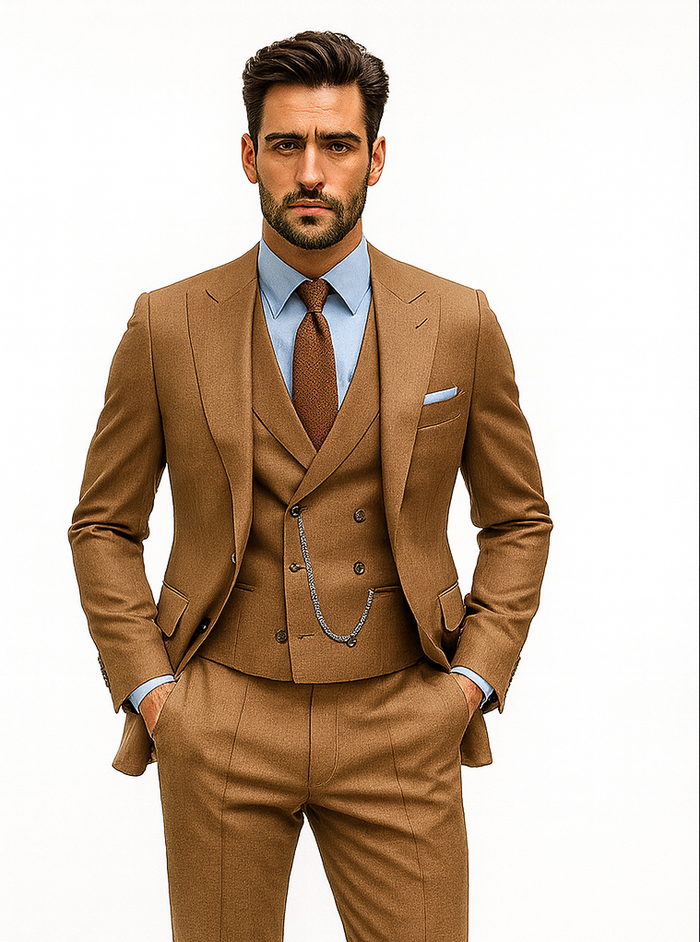 Stylish Camel Brown Three-Piece Suit  Modern Groom Attire