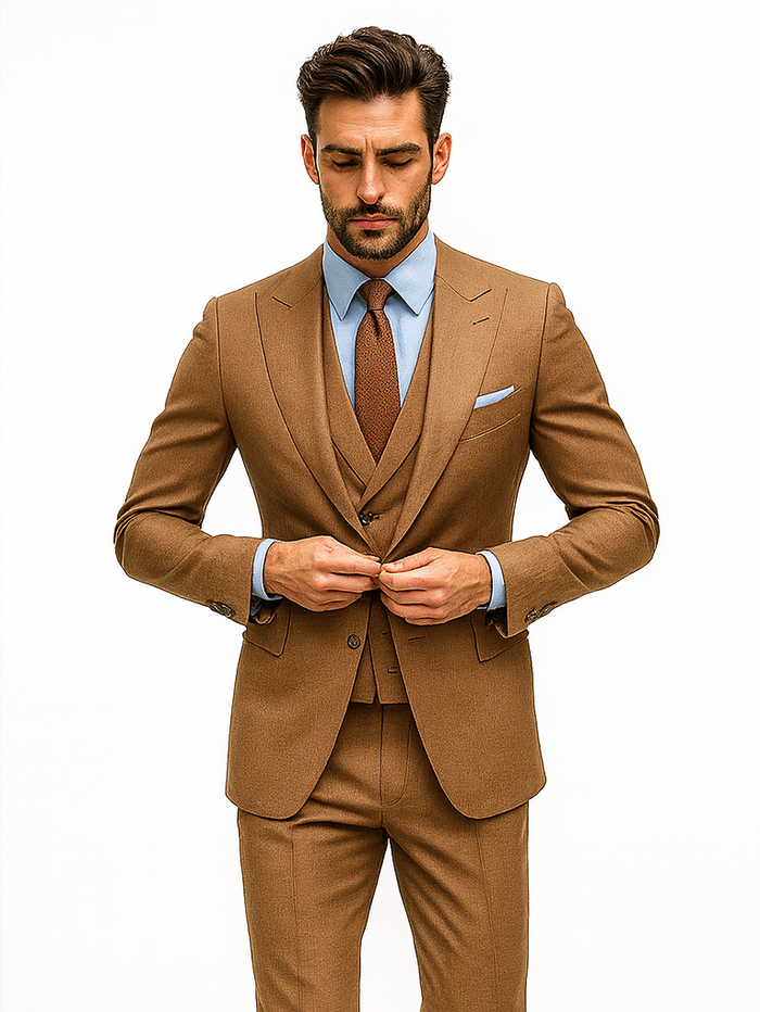 Stylish Camel Brown Three-Piece Suit  Modern Groom Attire