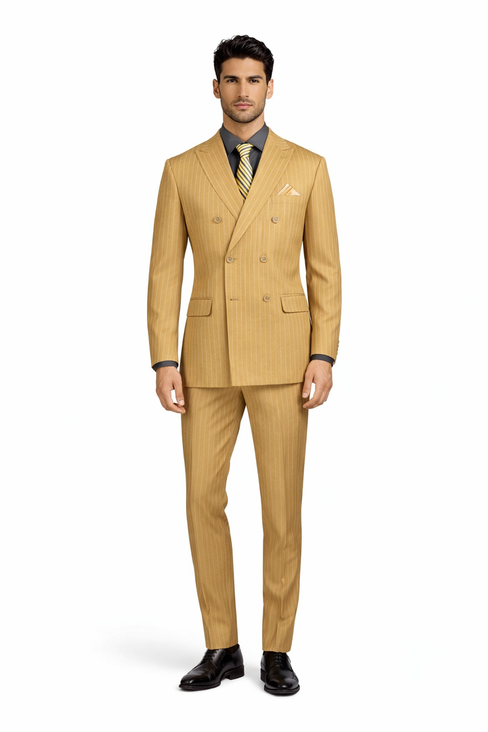 Mens Camel Tan Pinstripe Double-Breasted Suit  Bold 6-Button Modern Vintage Style