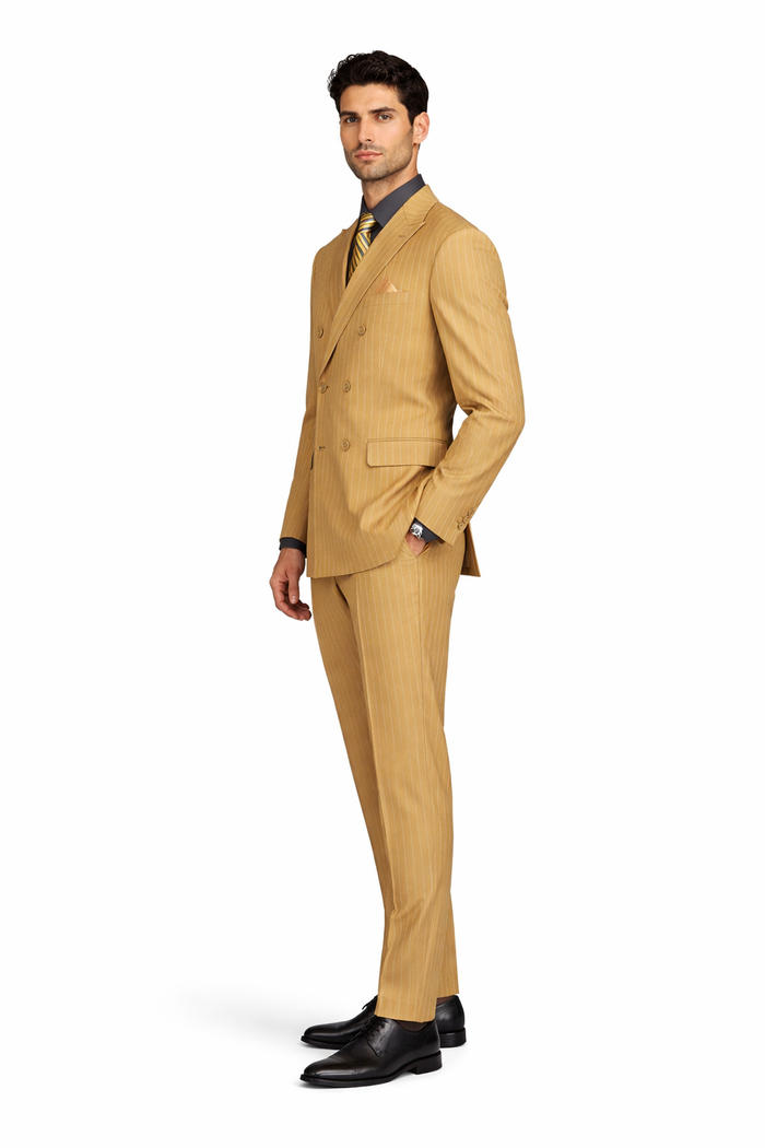 Mens Camel Tan Pinstripe Double-Breasted Suit  Bold 6-Button Modern Vintage Style