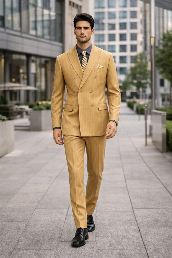 Mens Camel Tan Pinstripe Double-Breasted Suit  Bold 6-Button Modern Vintage Style