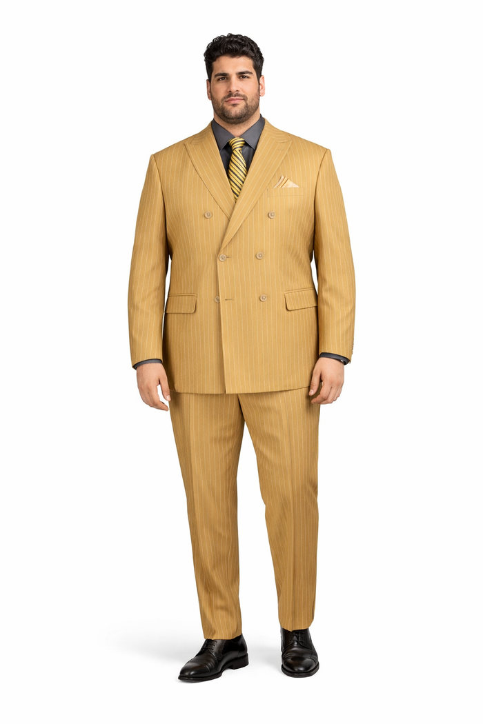 Mens Camel Tan Pinstripe Double-Breasted Suit  Bold 6-Button Modern Vintage Style