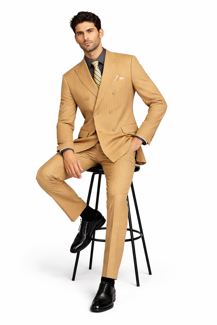 Mens Camel Tan Pinstripe Double-Breasted Suit  Bold 6-Button Modern Vintage Style