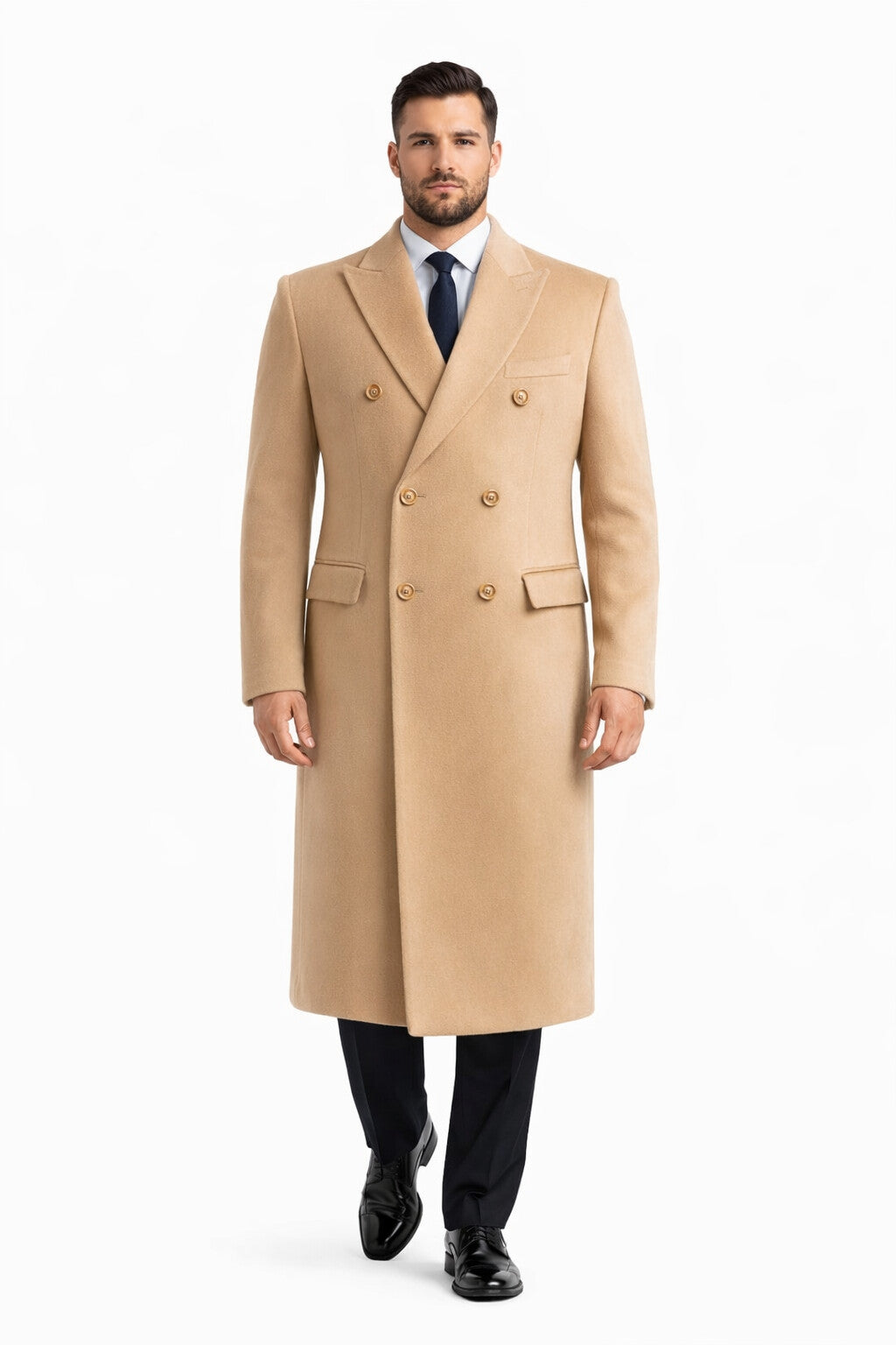 Men's Wool And Cashmere Double Breasted Long Overcoat Beige ~ Camel Three Quarter Winter Men's Topcoat Sale