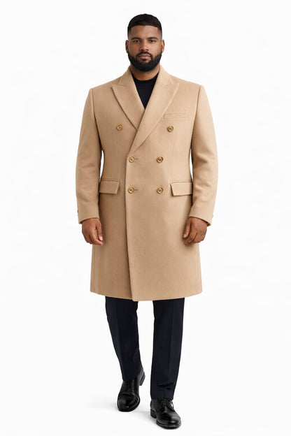 Men's Wool And Cashmere Double Breasted Long Overcoat Beige ~ Camel Three Quarter Winter Men's Topcoat Sale