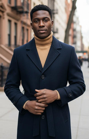 Men's Navy Full Length Belted Overcoat Porter