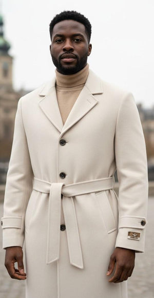 Men's Off White Full Length Belted Overcoat Porter