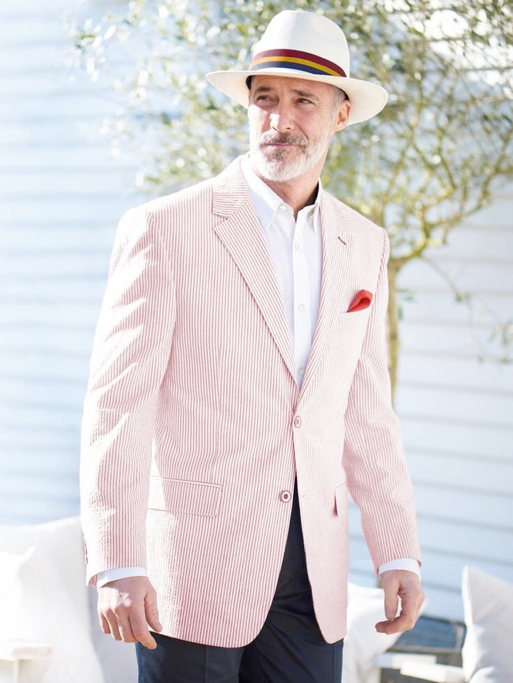 Mens Seersucker Blazer in Color "Color" - Summer Fabric Casual look Sportcoat Jacket 2 Button Notch Lapel