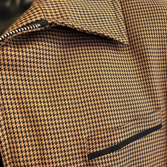 Mens Casual Zipper Front Suit Rust Brown Houndstooth BP6783