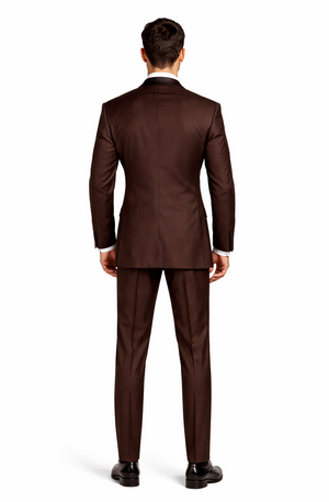 Mens Chocolate Brown Tuxedo with Black Satin Peak Lapel  Formal Wedding and Prom Suit