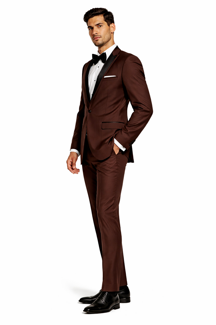 Mens Chocolate Brown Tuxedo with Black Satin Peak Lapel  Formal Wedding and Prom Suit