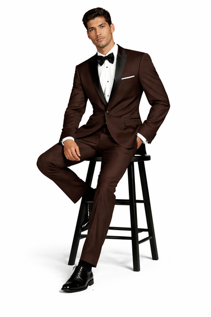 Mens Chocolate Brown Tuxedo with Black Satin Peak Lapel  Formal Wedding and Prom Suit
