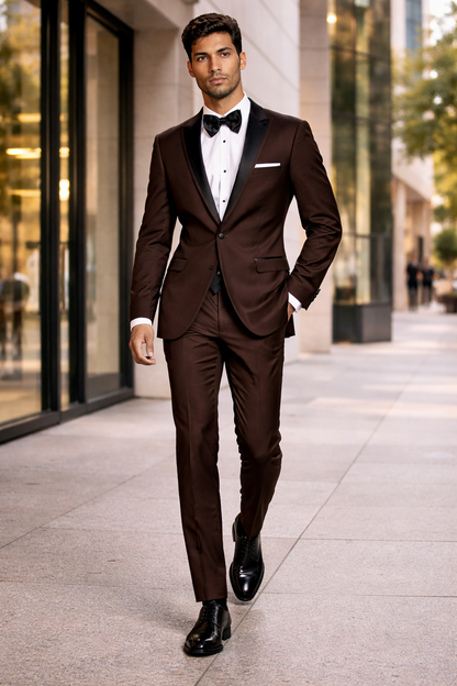Mens Chocolate Brown Tuxedo with Black Satin Peak Lapel  Formal Wedding and Prom Suit