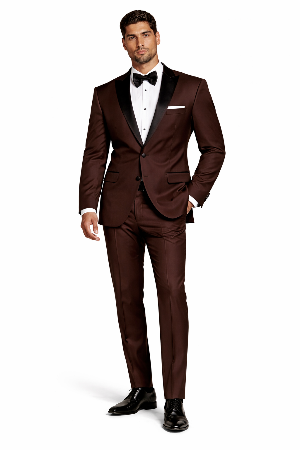Men's Chocolate Brown Tuxedo With Black Satin Peak Lapel for Men, Formal Wedding and Prom Suit