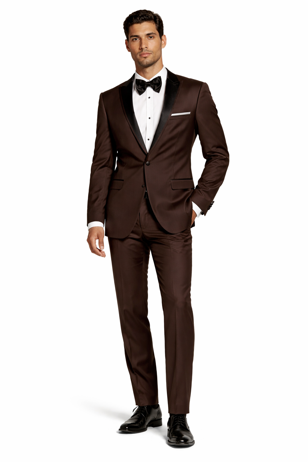 Men's Chocolate Brown Tuxedo With Black Satin Peak Lapel for Men, Formal Wedding and Prom Suit