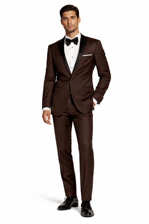 Mens Chocolate Brown Tuxedo with Black Satin Peak Lapel  Formal Wedding and Prom Suit