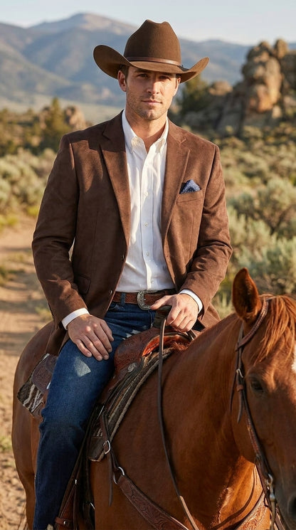 Mens Chocolate Brown Western Blazer – Cowboy Style Sport Coat Jacket Suede Fabric Two Buttons