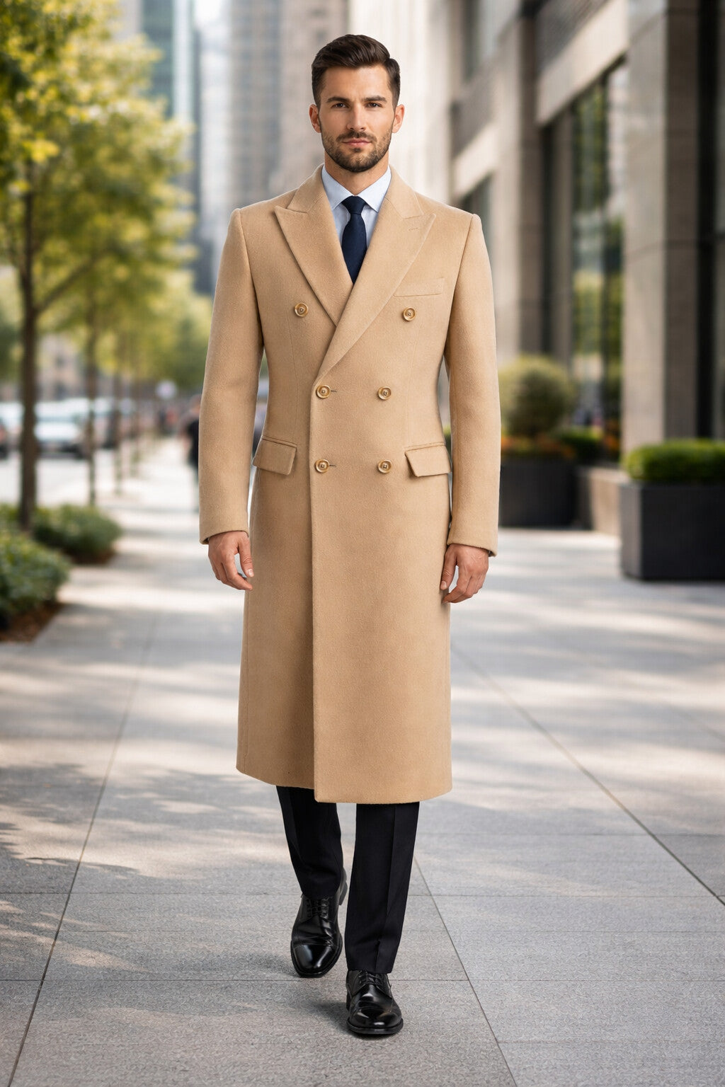 Men's Wool And Cashmere Double Breasted Long Overcoat Beige ~ Camel Three Quarter Winter Men's Topcoat Sale