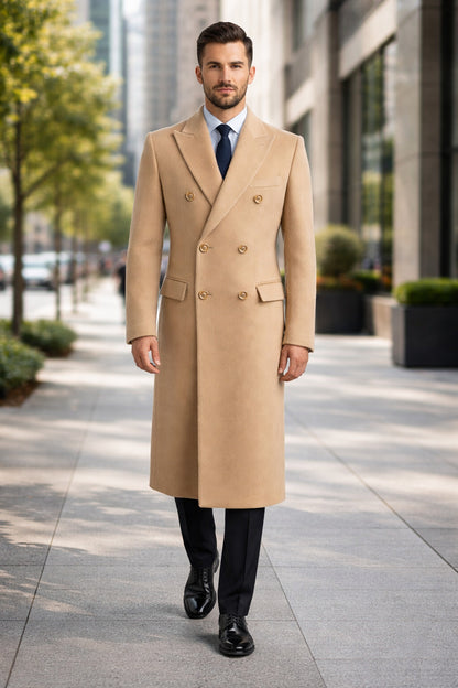 Men's Wool And Cashmere Double Breasted Long Overcoat Beige ~ Camel Three Quarter Winter Men's Topcoat Sale