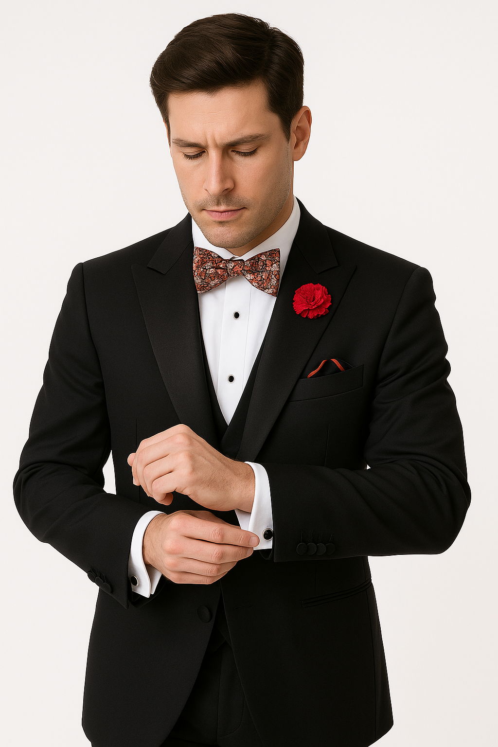 Mens Classic One Button Peak Tuxedo in Black