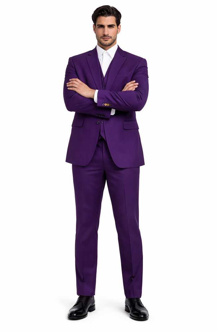 Mens Classic Three-Piece Purple Suit  Formal Slim Fit Tuxedo Set with Vest