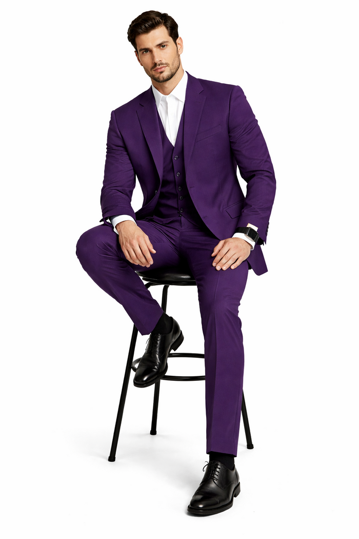 Mens Classic Three-Piece Purple Suit  Formal Slim Fit Tuxedo Set with Vest