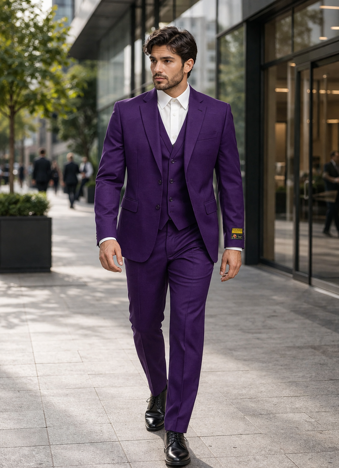 Mens Classic Three-Piece Purple Suit  Formal Slim Fit Tuxedo Set with Vest