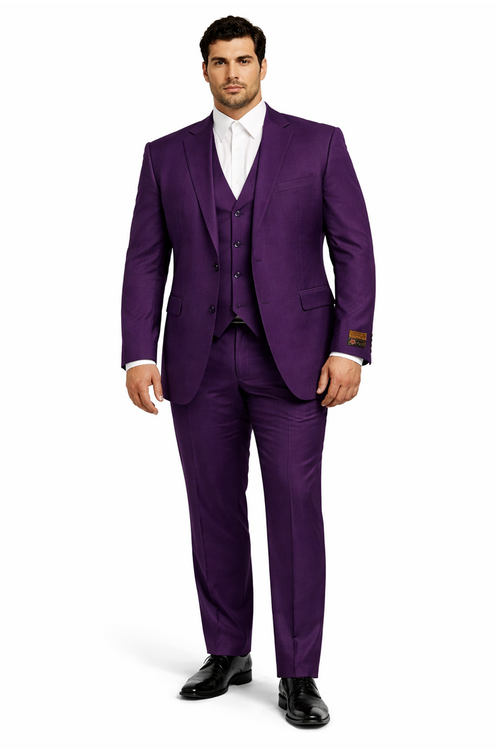 Mens Classic Three-Piece Purple Suit  Formal Slim Fit Tuxedo Set with Vest