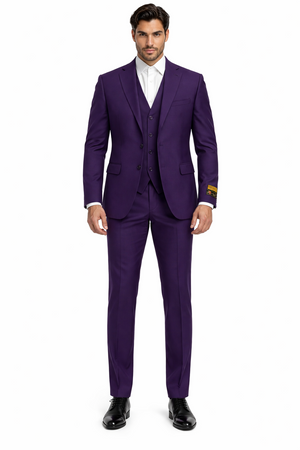 Mens Classic Three-Piece Purple Suit  Formal Slim Fit Tuxedo Set with Vest