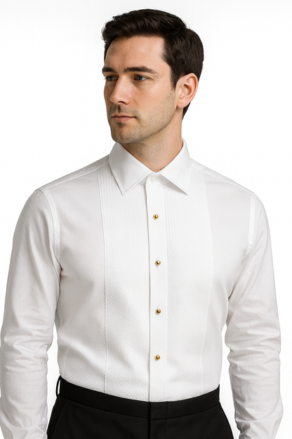 Mens Classic Cotton Wing Collar Plague Front Tuxedo Shirt in White