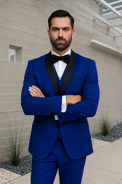 Mens 1 Button Shawl Lapel Vested Wool Wedding - Prom Tuxedo in Sapphire Blue - Mens Slim Fitted Tuxedo