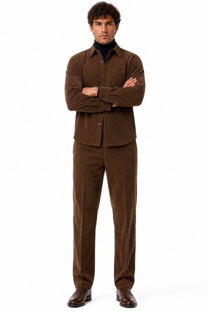 Men's Corduroy Shirt and Pants Walking Suit in Winter Cotton Fabric Casual in Color Brown leisure Style
