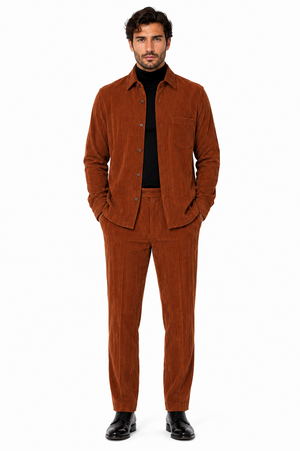 Men's Corduroy Shirt and Pants Walking Suit in Winter Cotton Fabric Casual in Color Burnt Orange Light Rust leisure Style