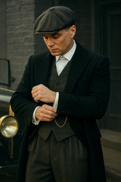 Mens Costume Thomas Shelby Grey 3 Piece Suit with Black Overcoat & Hat
