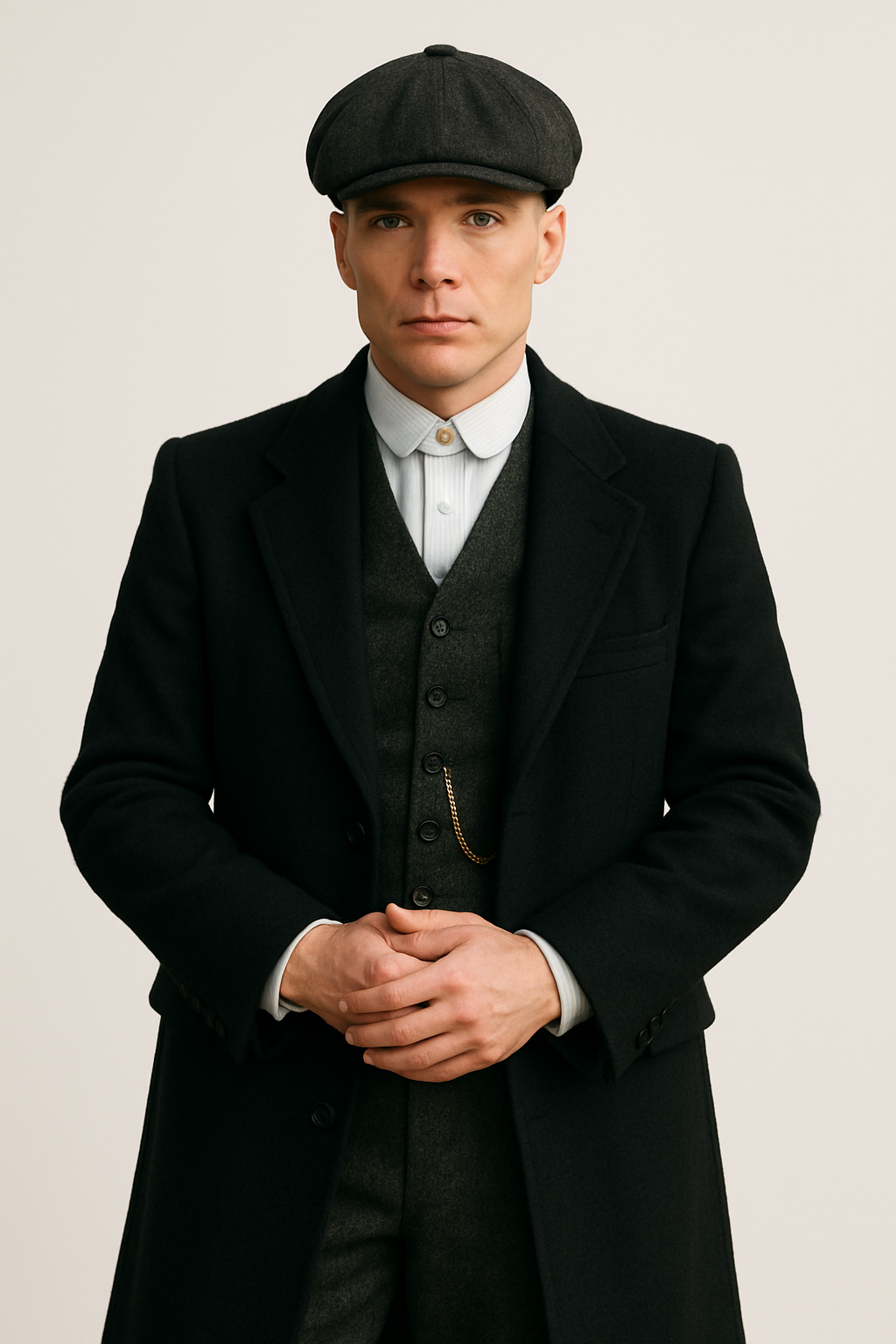 Mens Costume Thomas Shelby Grey 3 Piece Suit with Black Overcoat & Hat